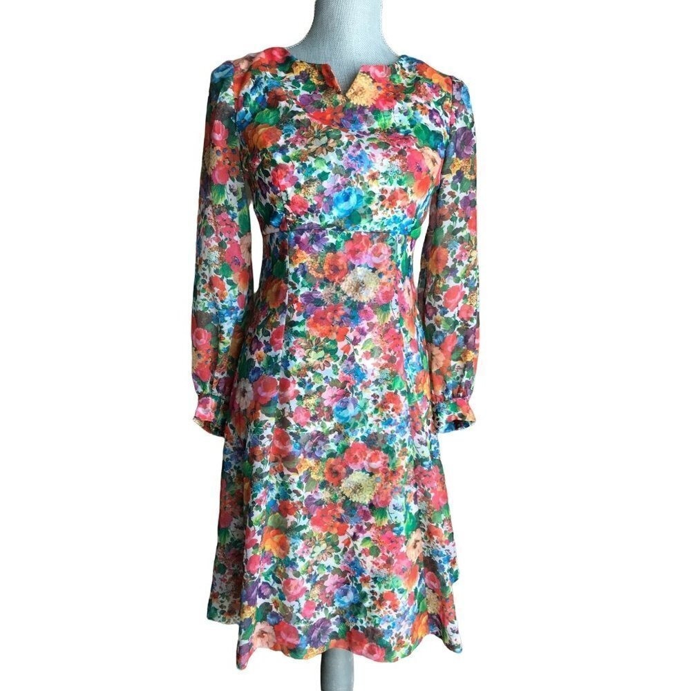 Vintage 60's 70's Floral Midi Dress - Size 4 - Retro Fairycore Garden Whimsical